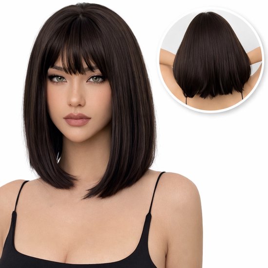 SassyGoods Pruik Bruin - Wig - Pruiken Dames Kort Haar - Verstelbaar - Wasbaar - Kastanje Donkerbruin - 35 cm
