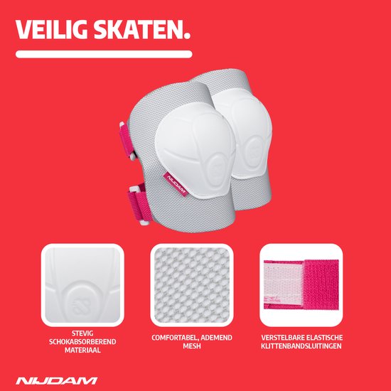 Grijze kniebeschermers met roze klittenbandsluitingen en witte beschermkap.