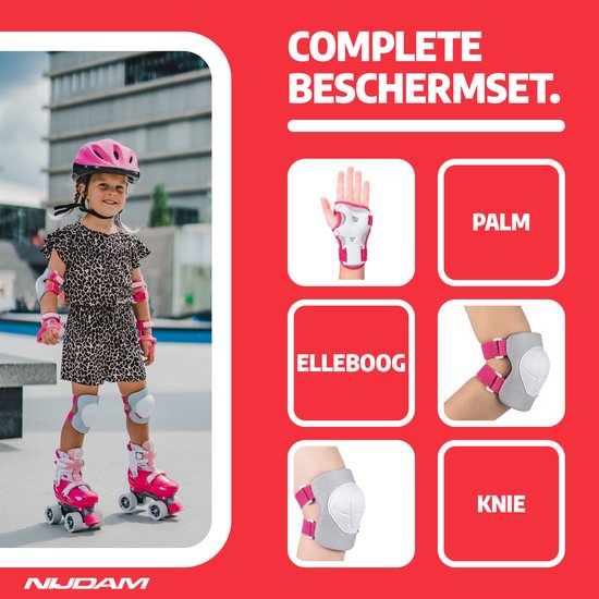 Overzicht van de Nijdam beschermset: helm, handbeschermers, elleboog- en kniebeschermers.