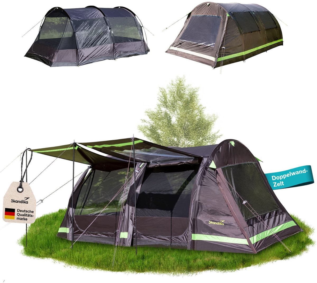 Skandika tunneltent Solheim 6 Protect - Campingtent voor 6 personen, ingenaaide tentvloer, 3000 mm waterkolom, UPF 50+, muskietennet, zonneluifel | Tenten, familietent, campingtent, outdoor