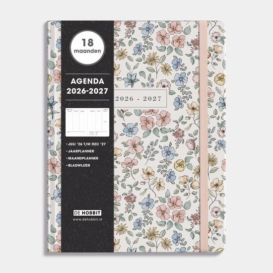 Hobbit - 18 Maanden Agenda 2026-2027 - 1 week op 2 pagina's - Harde Kaft - Ringband Agenda - ±A4 (20,5 x 26,5 cm) - Bloemen Outline