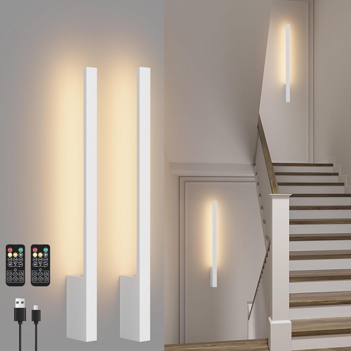 Batterijwandlamp met Afstandsbediening, Dimbaar, 6000 mAh, 2 stuks, 60 cm, 5 W, 3000 K-6000 K, Oplaadbare Wandlamp voor Binnen, Wit