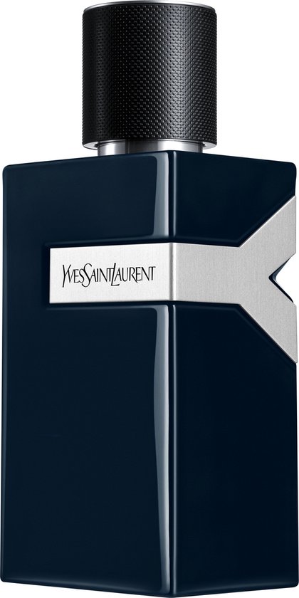Donkerblauwe rechthoekige Yves Saint Laurent Y parfumfles met zilveren Y-vormige accenten en zilveren dop.