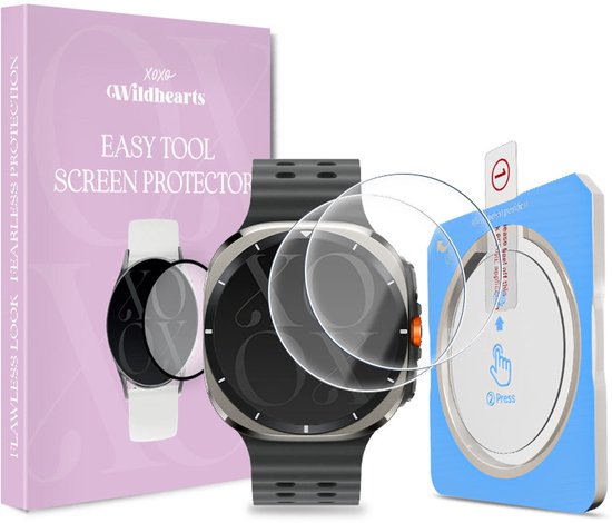Verpakking van de xoxo Wildhearts screenprotector, een smartwatch met grijze band en een blauwe applicator tool. 'FLAWLESS LOOK FEARLESS PROTECTION'.