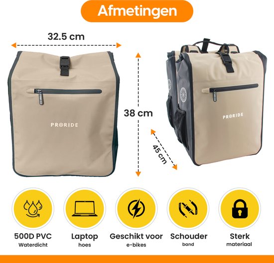 Afmetingen van een beige dubbele fietstas: breedte 32,5 cm, hoogte 38 cm en 45 cm met rolsluiting. Iconen voor waterdicht, laptophoes, e-bikes en schouderband.