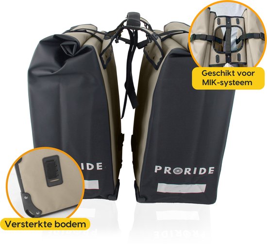 Twee beige fietstassen met zwarte accenten op een witte achtergrond. Versterkte bodem en MIK-systeem details.