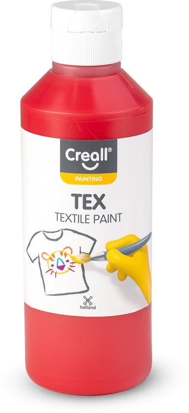 Bouteille de peinture textile rouge Creall avec une étiquette montrant un tigre dessiné sur un t-shirt.