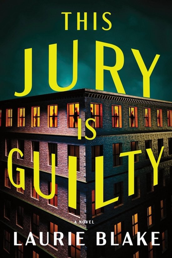 Boekcover met de titel 'This Jury Is Guilty' in gele letters op een gebouw met verlichte ramen.