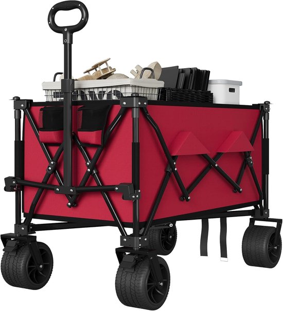 Opvouwbare Bolderkar 132cm - 350L Strandwagen met Rem & Bekerhouders - 210 kg Draagvermogen - All‑Terrain Strandkar voor Camping, Tuin & Vakantie - Zwart - Rood — afbeelding 5