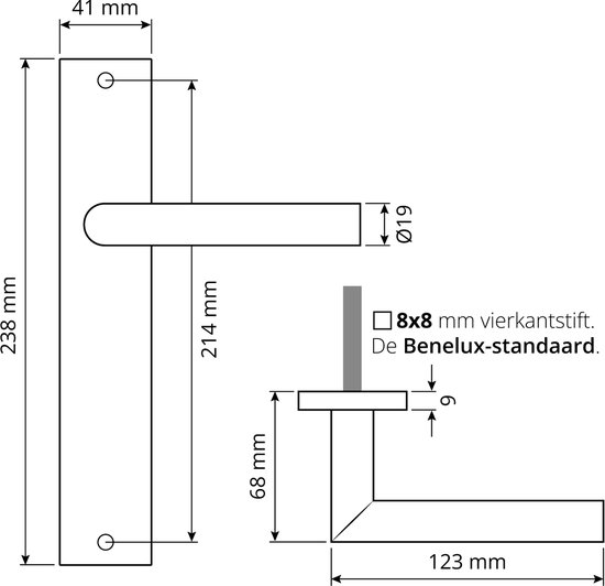 Technische tekening van een matzwarte deurklink met afmetingen. De Benelux-standaard vierkant 8x8 mm.