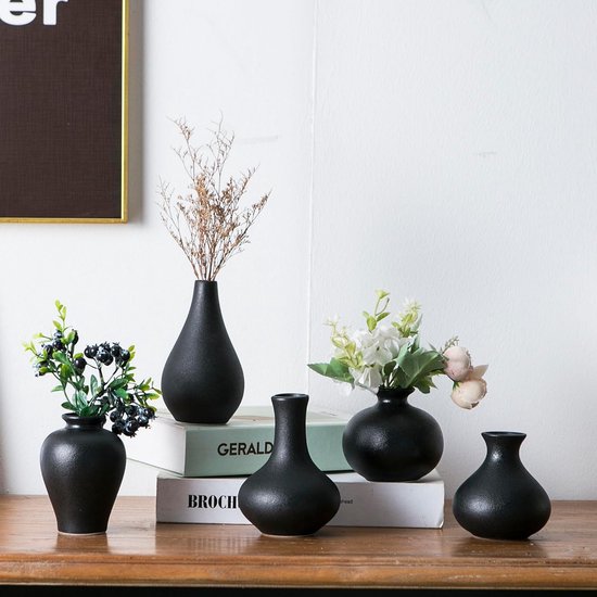 Zwarte vaasjes, set van 5 kleine keramische vaasjes, minivaasjes voor verse en gedroogde bloemen, moderne woondecoratie, keramische tafeldecoratie.