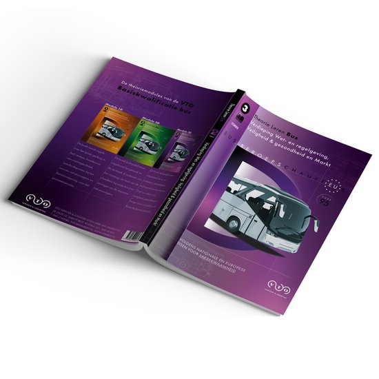 Boek met paarse kaft, titels "De theoriemodules van de VTO Basiskwalificatie bus" en "Theorie Leren Bus", met afbeelding van een witte bus.