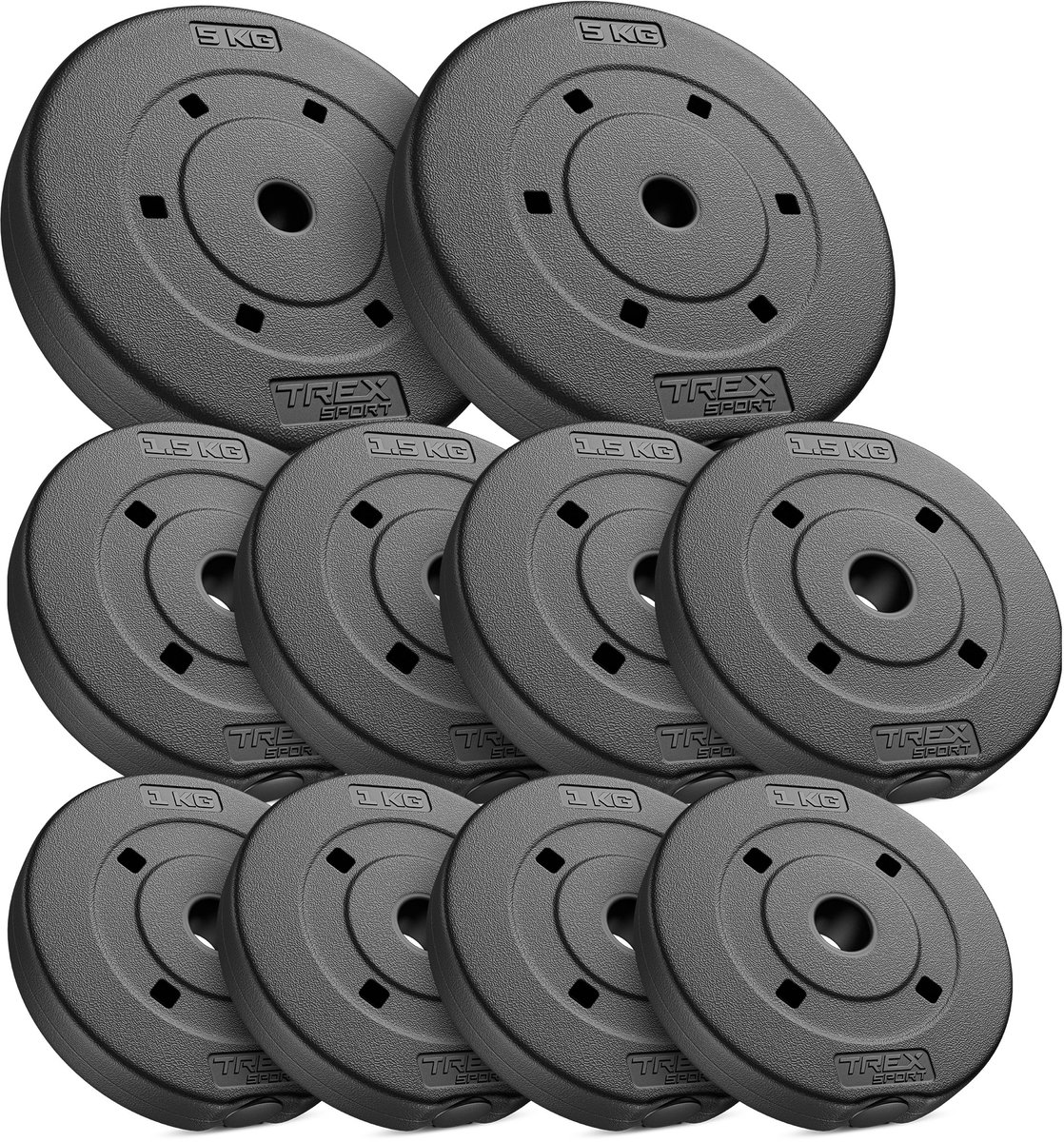 Trex Sport TX-020CS – Halterschijven Set 20 kg – Bitumen – Ø 27 mm boring – 2×5 kg, 4×1,5 kg & 4×1 kg Mix – Voor Fitness Stangen – 10 stuks