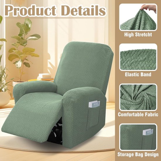 Rekbare Relaxfauteuil Hoes 4-Delig - Stoelovertrek met Zijvakken - Anti-Slip Stof Beschermhoes — afbeelding 3
