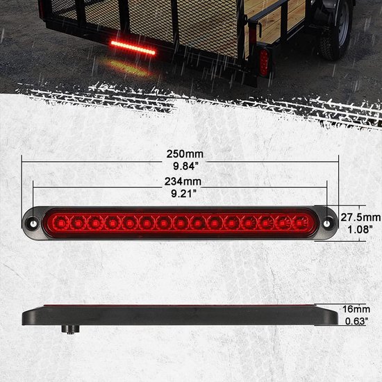 Gedetailleerde afmetingen van een rode LED-lichtbalk voor voertuigen: lengte 250 mm (9,84 inch), breedte 234 mm (9,21 inch), hoogte 27,5 mm (1,08 inch) en diepte 16 mm (0,63 inch).