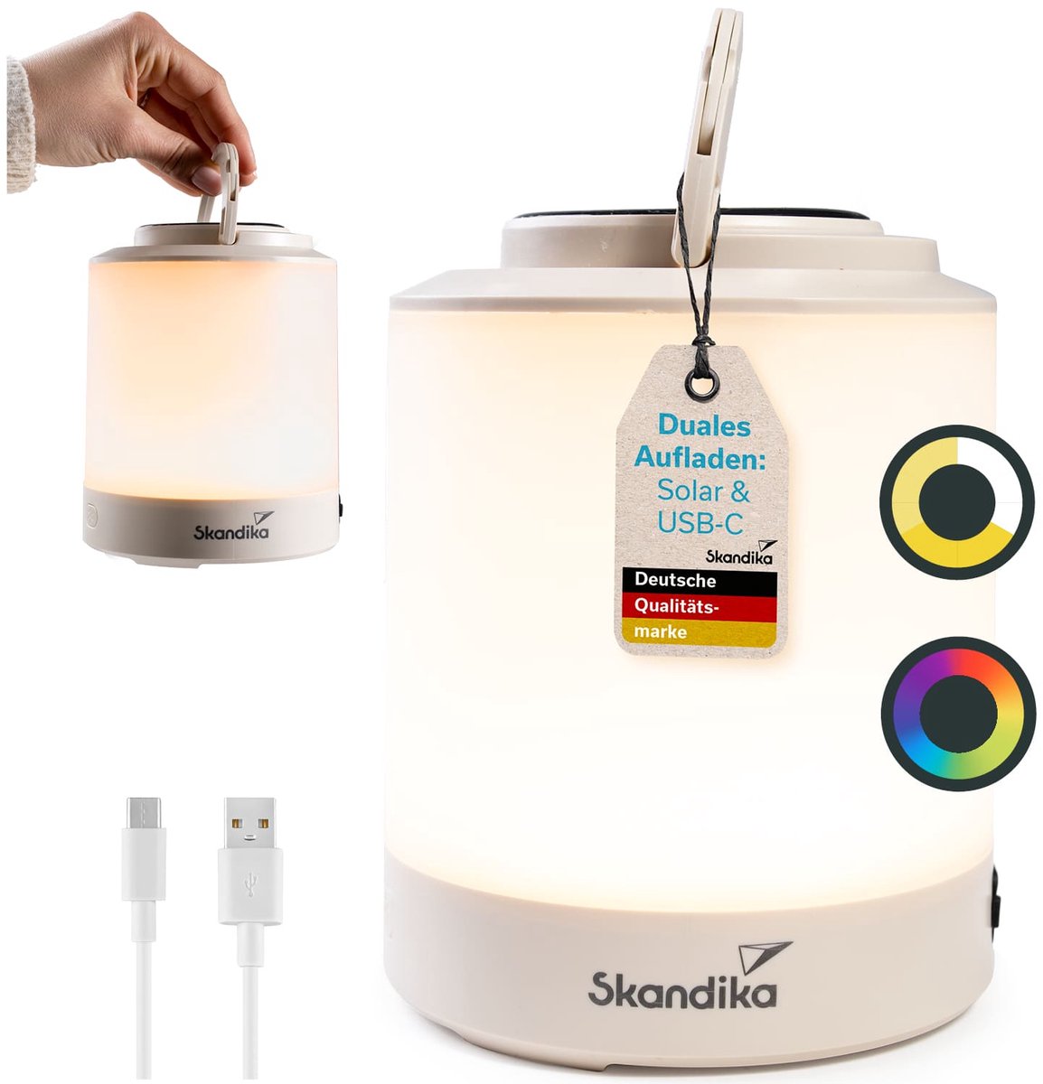 Skandika campinglamp Nordsol - oplaadbare LED-lamp warmwit, powerbank, 80 tot 130 lumen, met USB Type-C laadkabel, 2x 1800 mAh, dimbaar, ophangbaar | Lantaarn voor camping, outdoor, wandelen