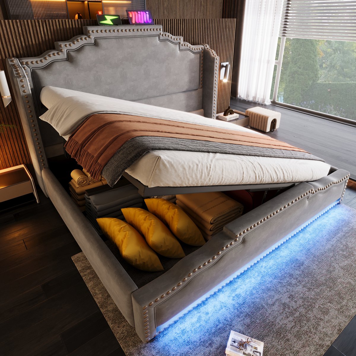 Tweepersoonsbed 140x200 cm - Gestoffeerd Bed Met LED USB-C En Hydraulische Opbergruimte - Fluweel - Grijs - Zonder Matras