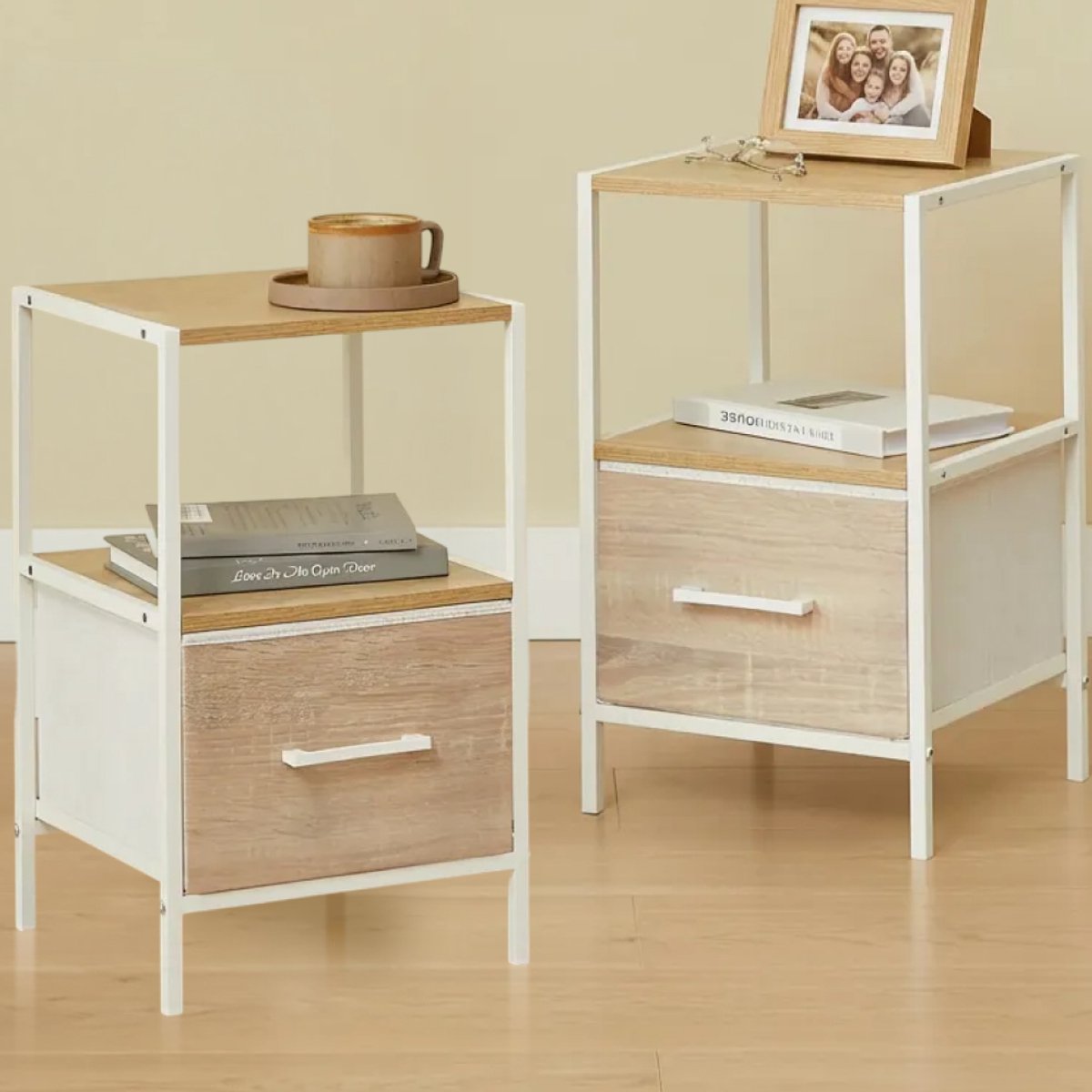 CASABEL Set van 2 nachtkastjes met lade, uitgevoerd in verstevigde stof met houtlook, wit metaal en MDF, 30×30×50 cm, nachtkastjes