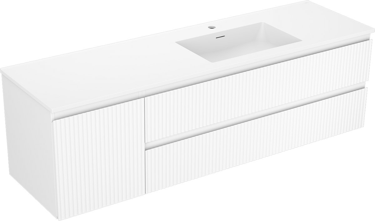 Mexen Rivel lage kast 160 cm met Otis wastafel rechts, 2S, 1D, gegroefd, wit mat - 91A23-16047-3-BBFFF01-W18P01