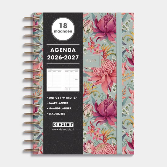Hobbit - 18 Maanden Agenda 2026-2027 - 1 week op 2 pagina's - Harde Kaft - Ringband Agenda A5 (14,8 x 21 cm) - Tropische bloemen