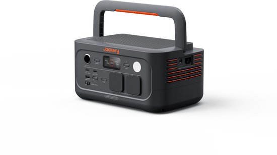Donkergrijze Jackery Explorer 500 powerstation met oranje accenten, draaggreep en diverse aansluitingen.