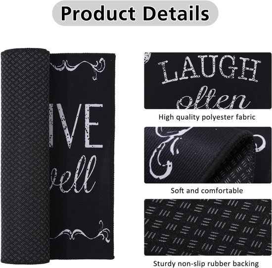 Gros plan d'un tapis de cuisine noir avec texte blanc, tissu polyester de haute qualité.