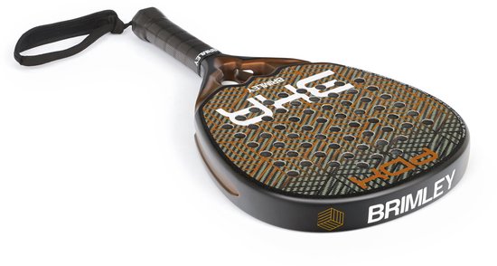 Druppelvormige padelracket, zwart met groen en oranje ruitpatroon. "BHR" logo in het wit.