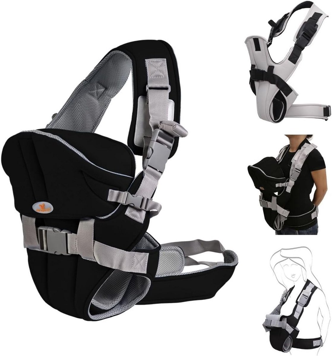 Ergonomische Babydrager 2-in-1 Buik- en Heupdragen Zwart 3 Maanden tot 1 Jaar