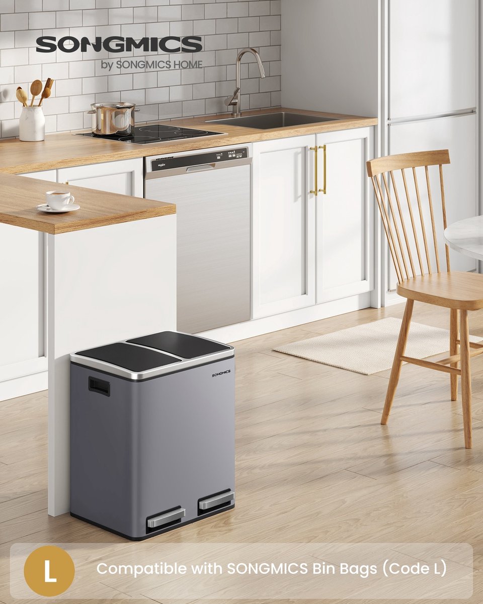 Dubbele keukenafvalbak – Roestvrij staal – Zilver – Inclusief 15 vuilniszakken voor recycling en restafval