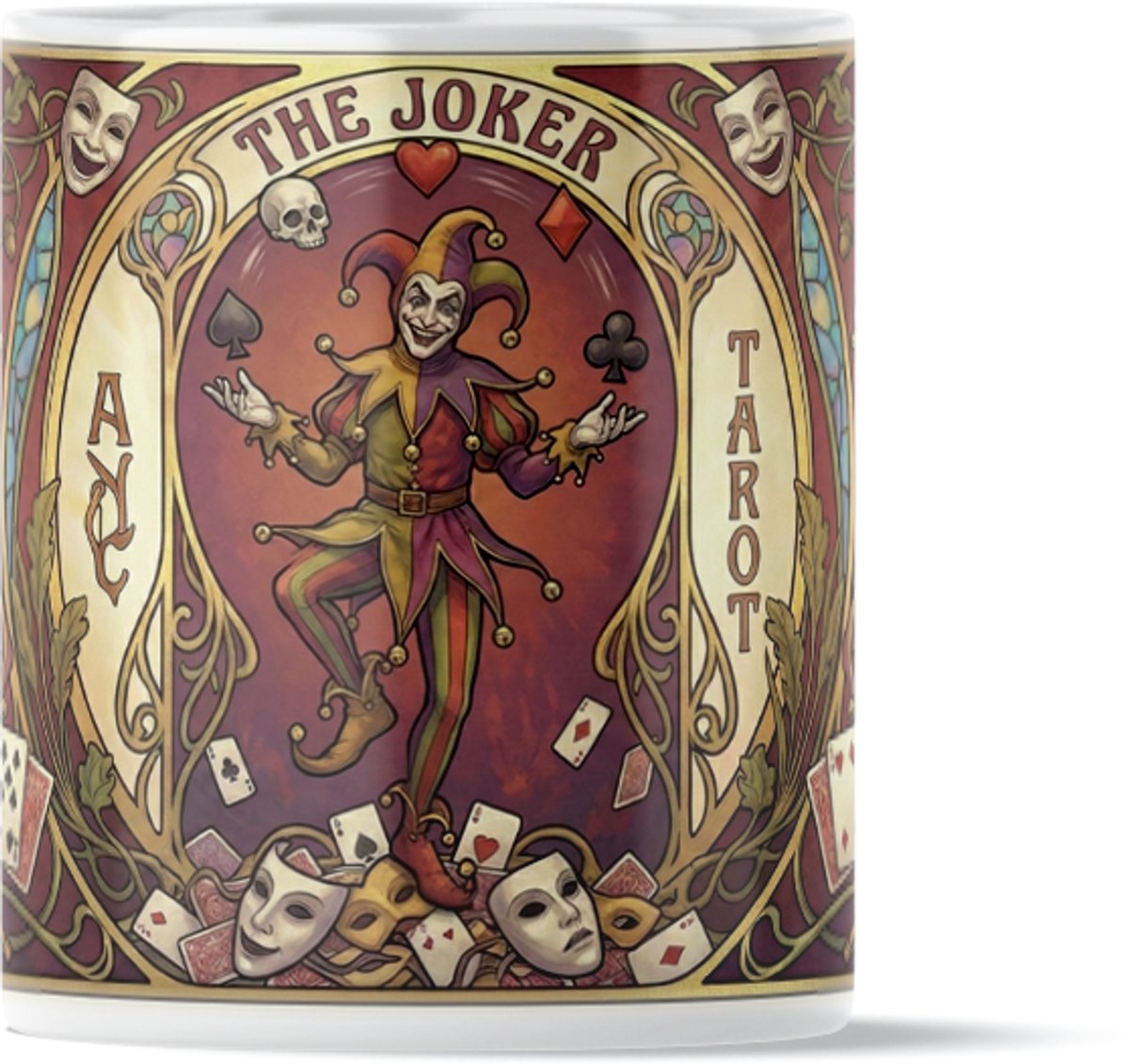 Mystieke Tarot Mok "The Joker" - Kleurrijke Nar met Maskers & Speelkaarten - Elegant Art Nouveau Design - De Ultieme Wildcard – Uniek Cadeau voor Spelers & Dromers - Spiritueel Kaarten Cadeau - Vintage Illustratie