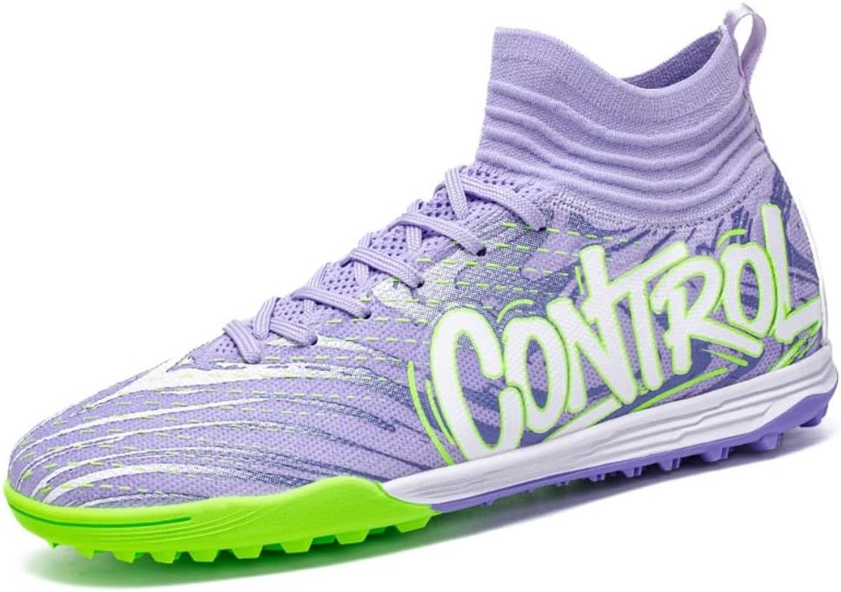 Professionele hoge voetbalschoenen in lila met groene accenten, ontworpen voor heren en jeugd, bieden uitstekende enkelsteun.