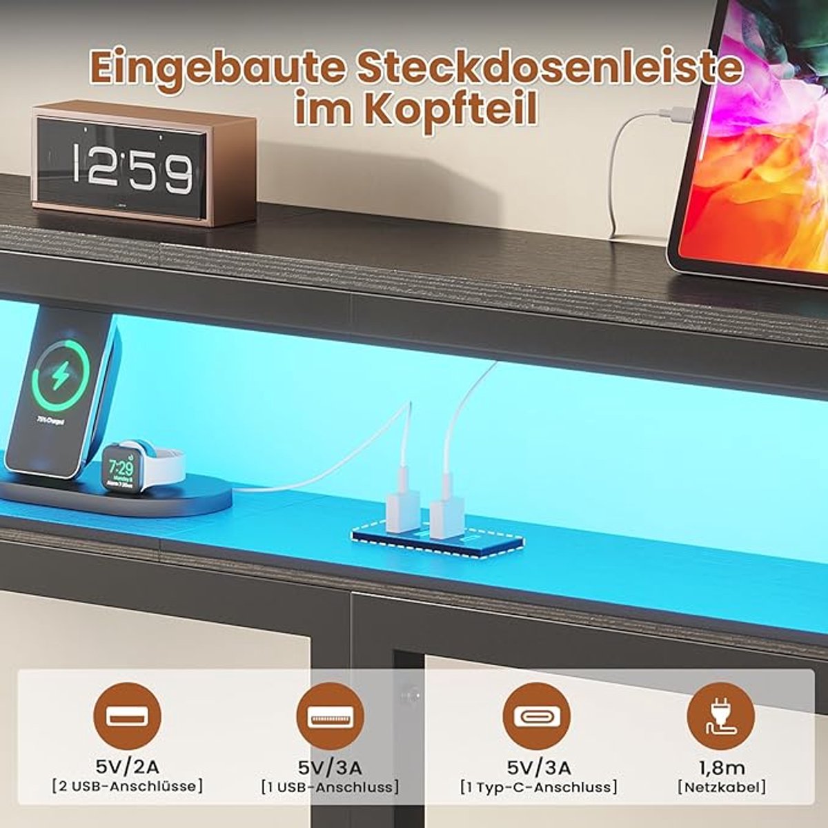 Floating Bed Frame 140x200 cm met LED-verlichting, Opbergruimte en Laadstation – Modern Zwart Metalen Tiener- en Tweepersoonsbed – USB & Type-C Poorten – Pauwhome