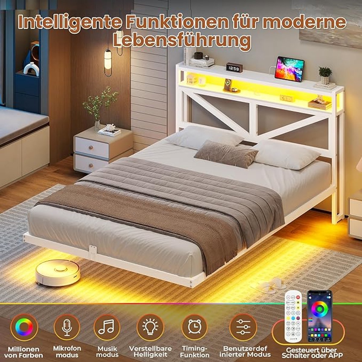 Zwevend Bedframe 140x200 cm met LED Verlichting en USB & Type-C Laadstation – Metalen Tweepersoonsbed met Opberghoofdeinde en Lattenbodem – Modern Floating Bed – Wit – Pauwhome