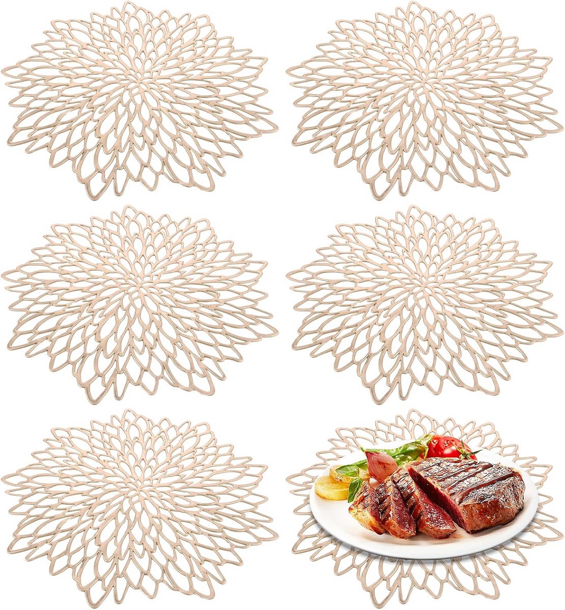 Set van 6 Ronde Gouden Placemats, Wasbaar PVC Tafelonderzetters 38 cm