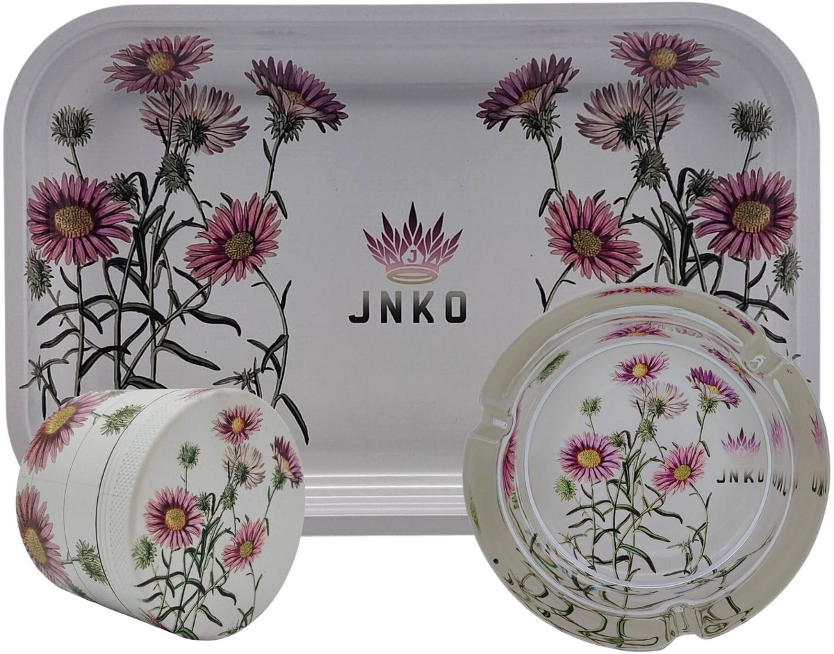 Grinder + Metalen Dienblad XXL + Asbak – 3-delige Set – Paarse Margriet Design – JNKO