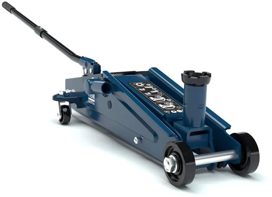 Blauwe garagekrik met zwarte hendel en wieltjes. Van voren gezien, met het HBM Machines logo.