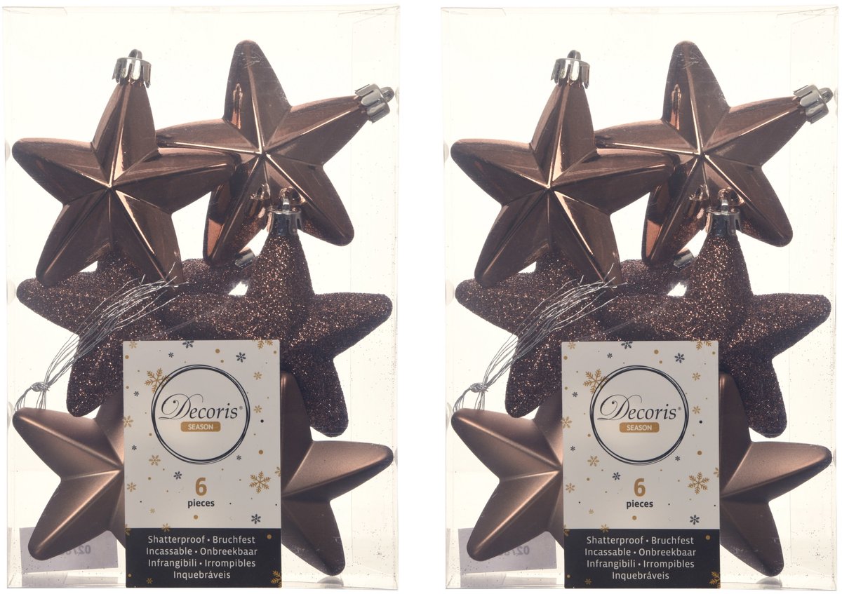 Decoris kersthanger sterren - 18x st - walnoot bruin - 7 cm - kunststof - kerstornamenten - kerstversiering