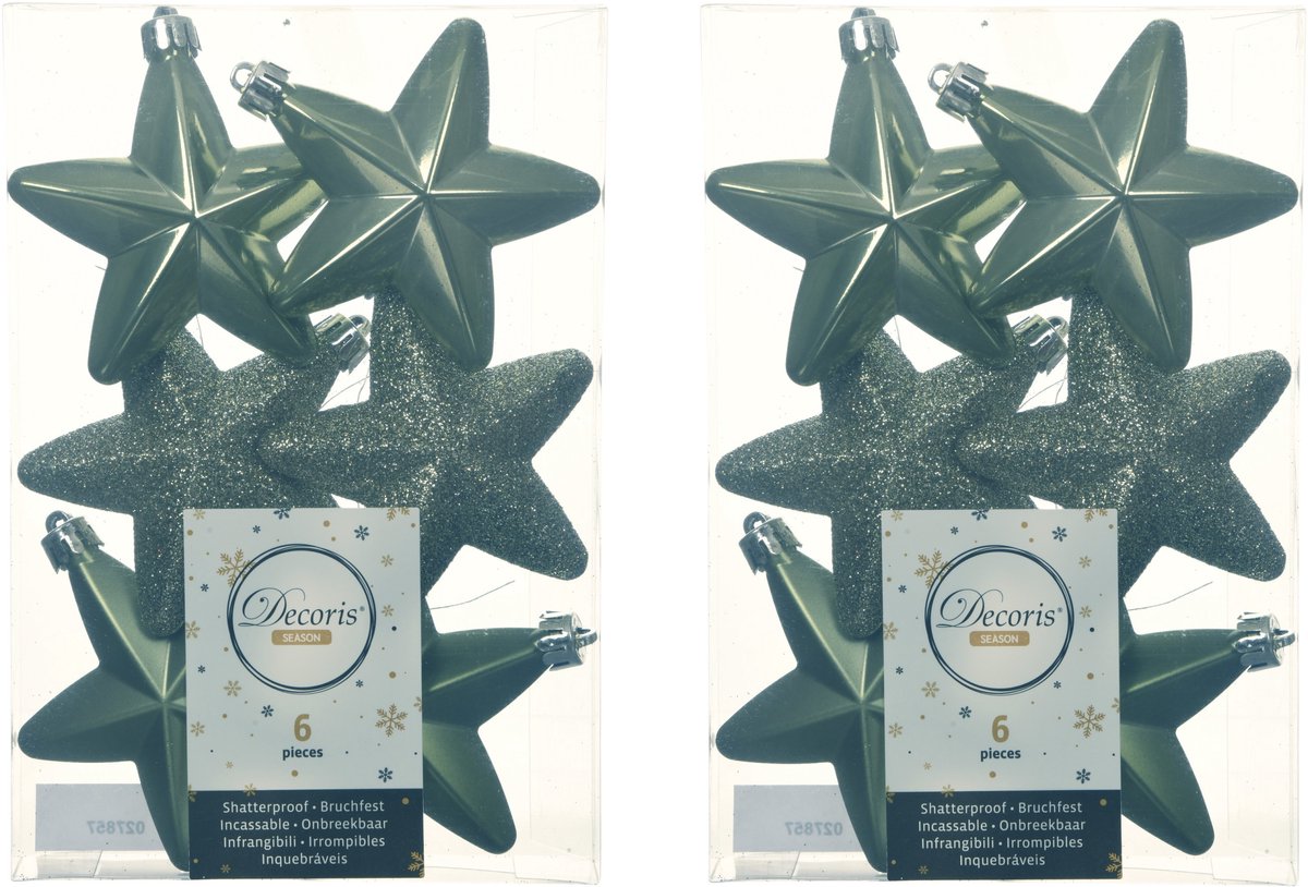 Decoris kersthanger sterren - 12x st - mosgroen - 7 cm - kunststof - kerstornamenten - kerstversiering