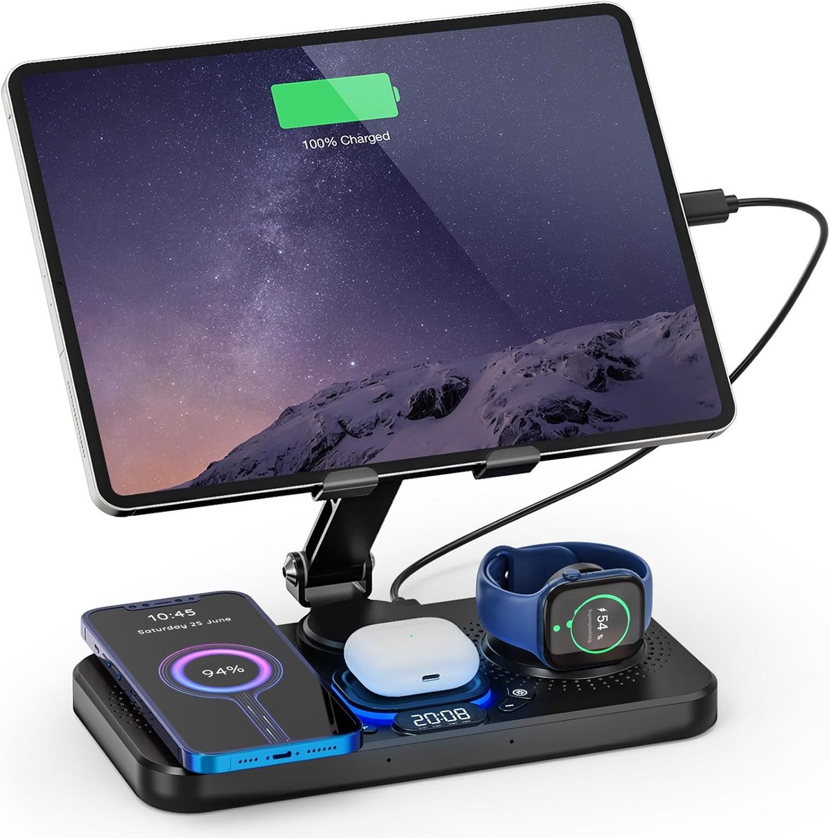 Verstelbare Tablet Standaard met Rotatie en Draadloos Opladen voor iPad en Telefoons