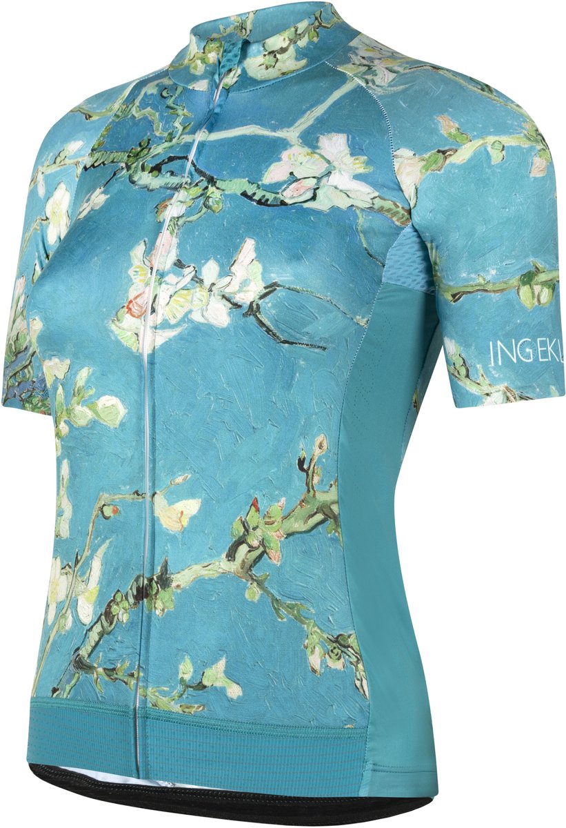Ingeklikt Almond Blossom - Blauw fietsshirt dames korte mouw - Amandelbloesemprint Van Gogh - maat M (36-38)