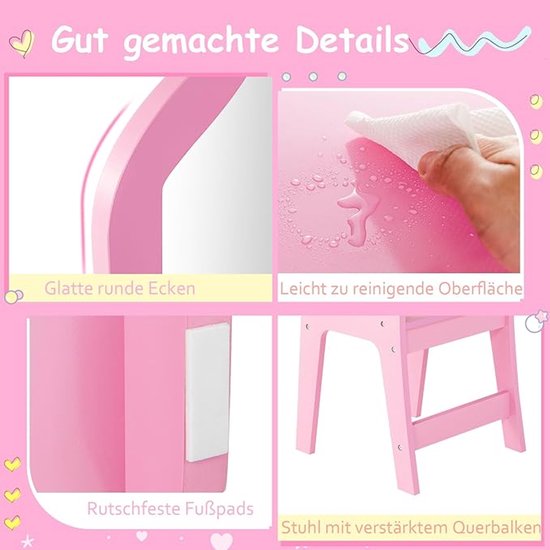 COSTWAY Kindermake-uptafel Met Kruk, Prinsessenkaptafel Met Lade En Afneembare Spiegel Roze Kapcommode Voor Meisjes Van 3 Tot 7 Jaar Wit 342038