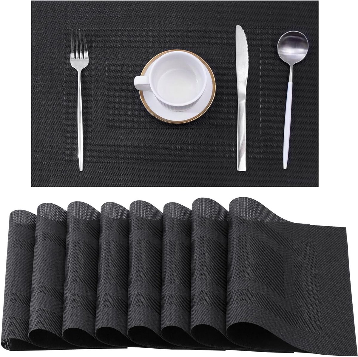 Set van 8 Zwarte Placemats Hittebestendig en Antislip voor Eettafel