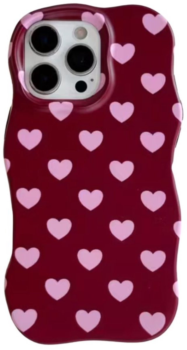 Bruin Telefoonhoesje Geschikt voor iPhone 13 – Wavy Case van PC - Roze hartjes Print – 4 season must haves