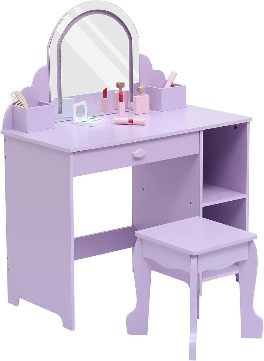Kinder Kaptafel met Verlichte Spiegel - 2‑in‑1 Kaptafel & Krukje voor Meisjes 3‑9 Jaar, met Lade en Open Planken, paars