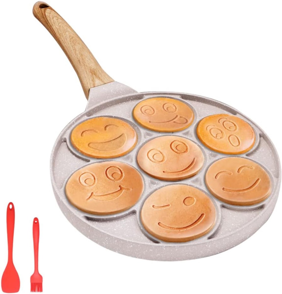 Quvo® Poffertjespan - Gietijzeren pan - Voor inductie / electrisch - Poffertjes maken - Met Anti Aanbaklaag – Pannenkoekenmaker – 7 Gaten – Met Smiley Gezichten-Wit