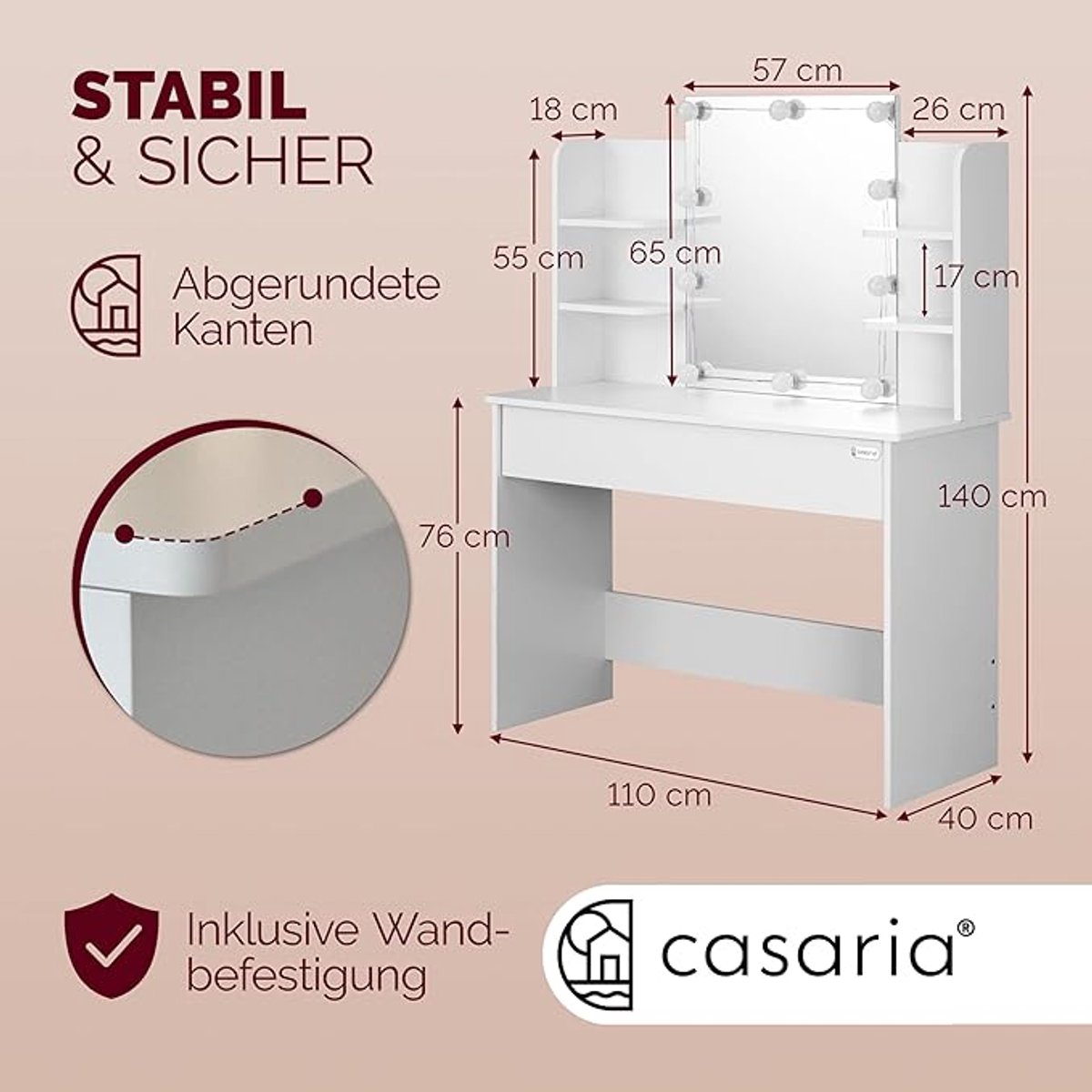 Make-uptafel met LED Spiegel 110x40 cm – Dimbaar Hollywood Licht, Afstandsbediening, Verlichte Lade en Organizer – Modern Cosmeticatafel met Open Vakken, Styling- en Make-up Opbergruimte – Pauwhome