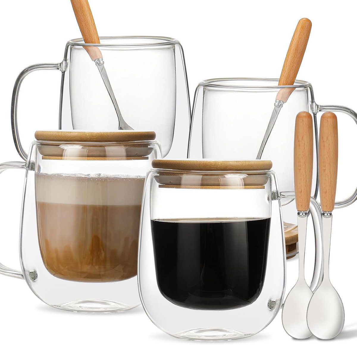Set van 4 Dubbelwandige Glazen Koffiekopjes met Hendel en Deksel (350 ml)
