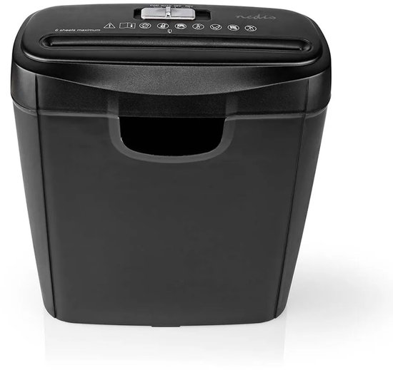 Zwarte papierversnipperaar met 6 vellen capaciteit en een 10L bak.
