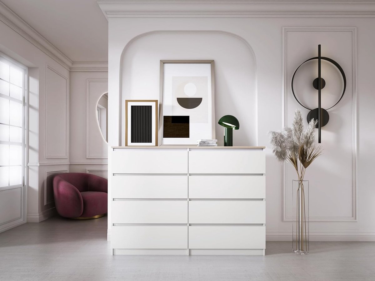 Commode met 8 laden 140x101x39 cm – Moderne Wit/Eiken Opbergkast voor Slaapkamer en Woonkamer – Minimalistisch Design, Krasbestendig en Soft-Close Laden – Pauwhome