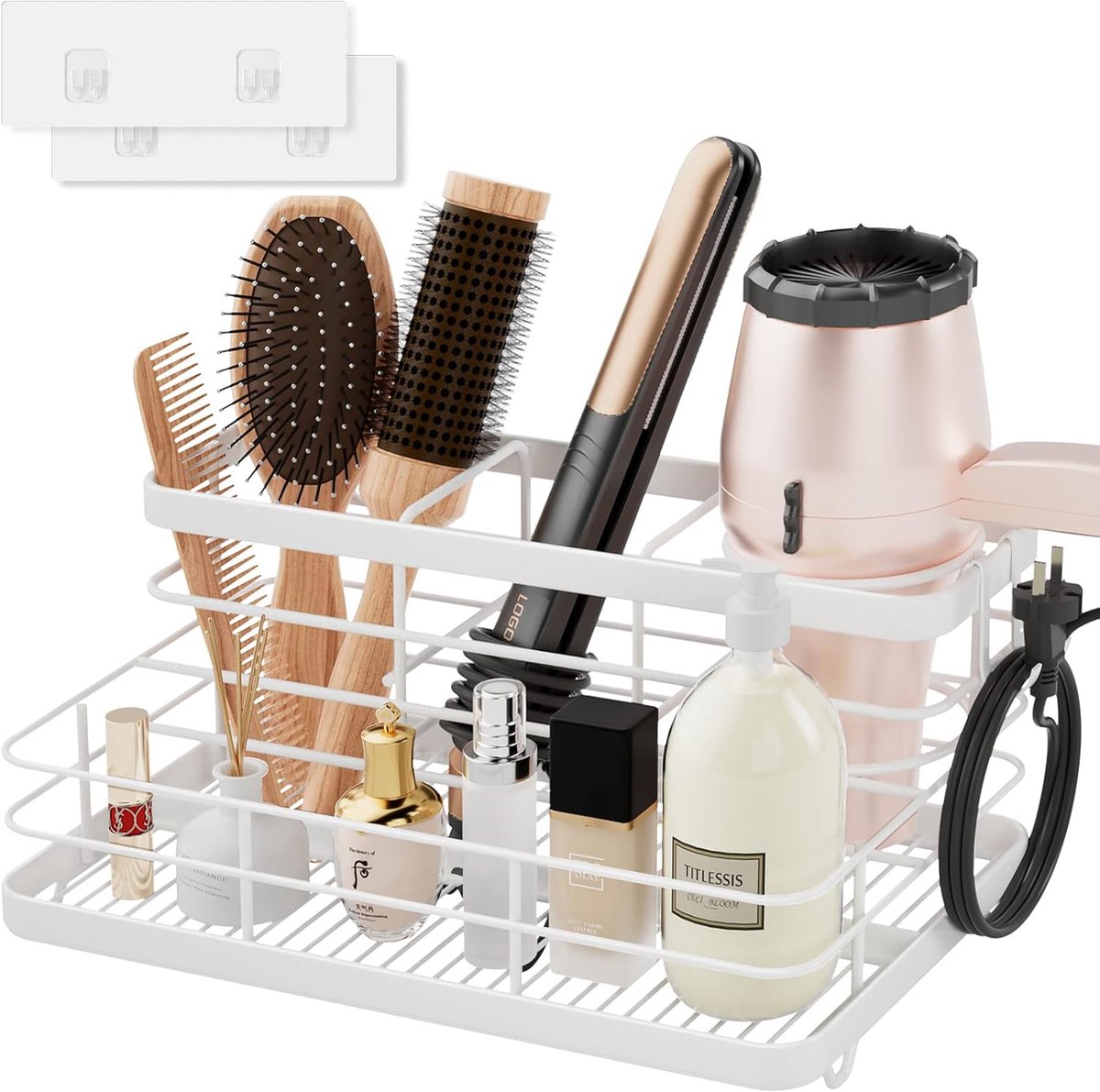 Famanu – Haardroger- en stijltanghouder zonder boren, metalen wandorganizer, wit